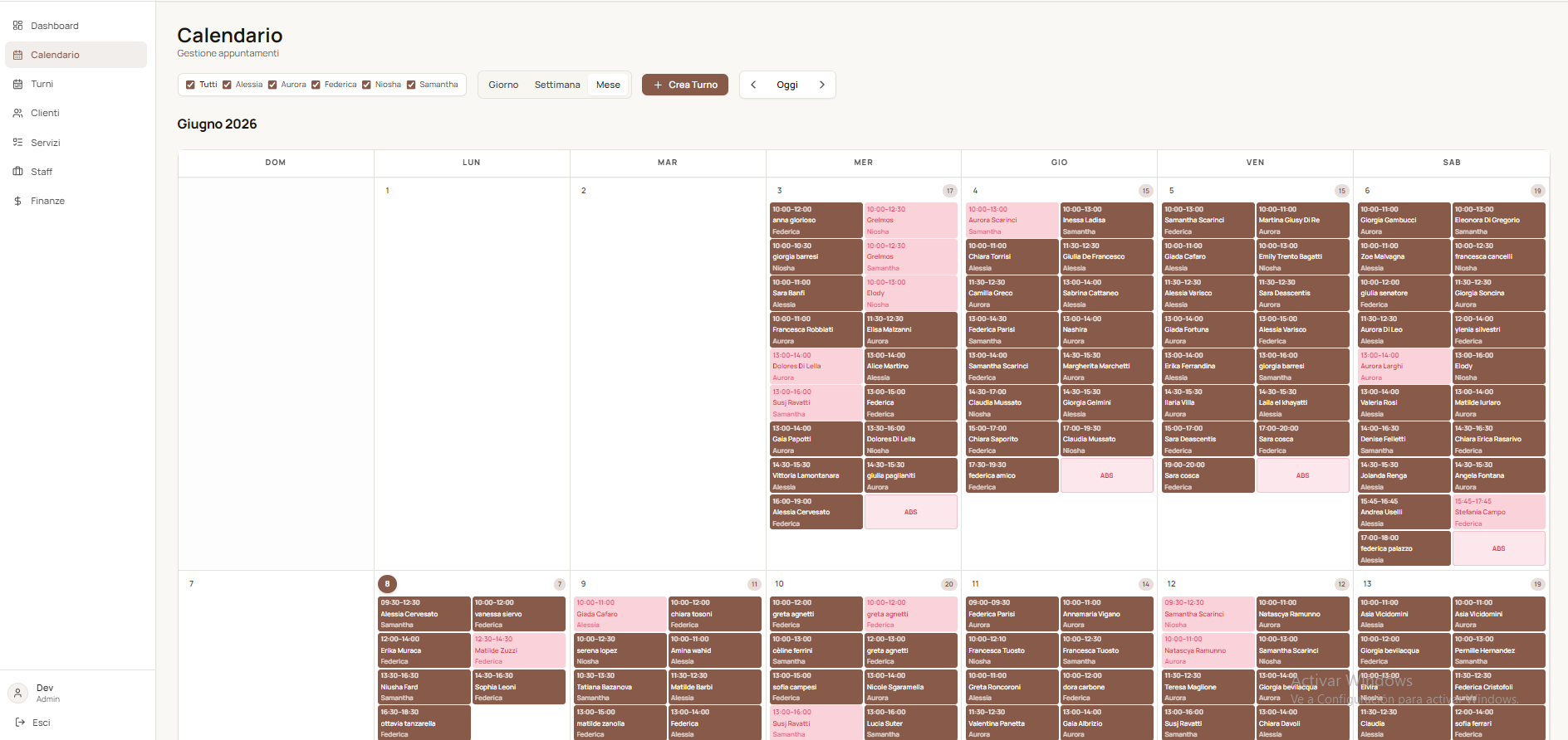 Todos los turnos del mes en un calendario